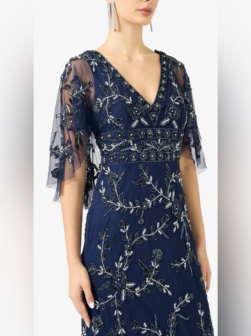 ADRIANNA PAPELL Navy Blue Beaded Mesh Blouson Column Gown. Size 8. NWT. - Picture 3 of 7